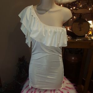 Bebe ruffle one shoulder shiny cinched top XS